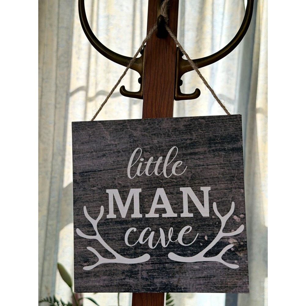 Rustic Wood "Little Man Cave" Hanging Sign, Gray White Antlers, Square